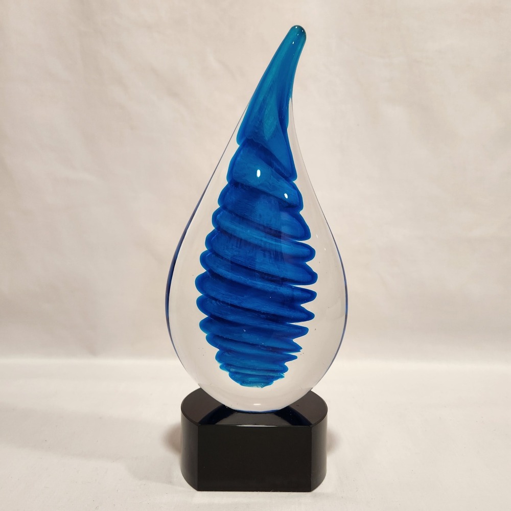 Handblown Blue Swirl Art Glass Raindrop Sculpture on Black Base 11.5 Inch Twist‎